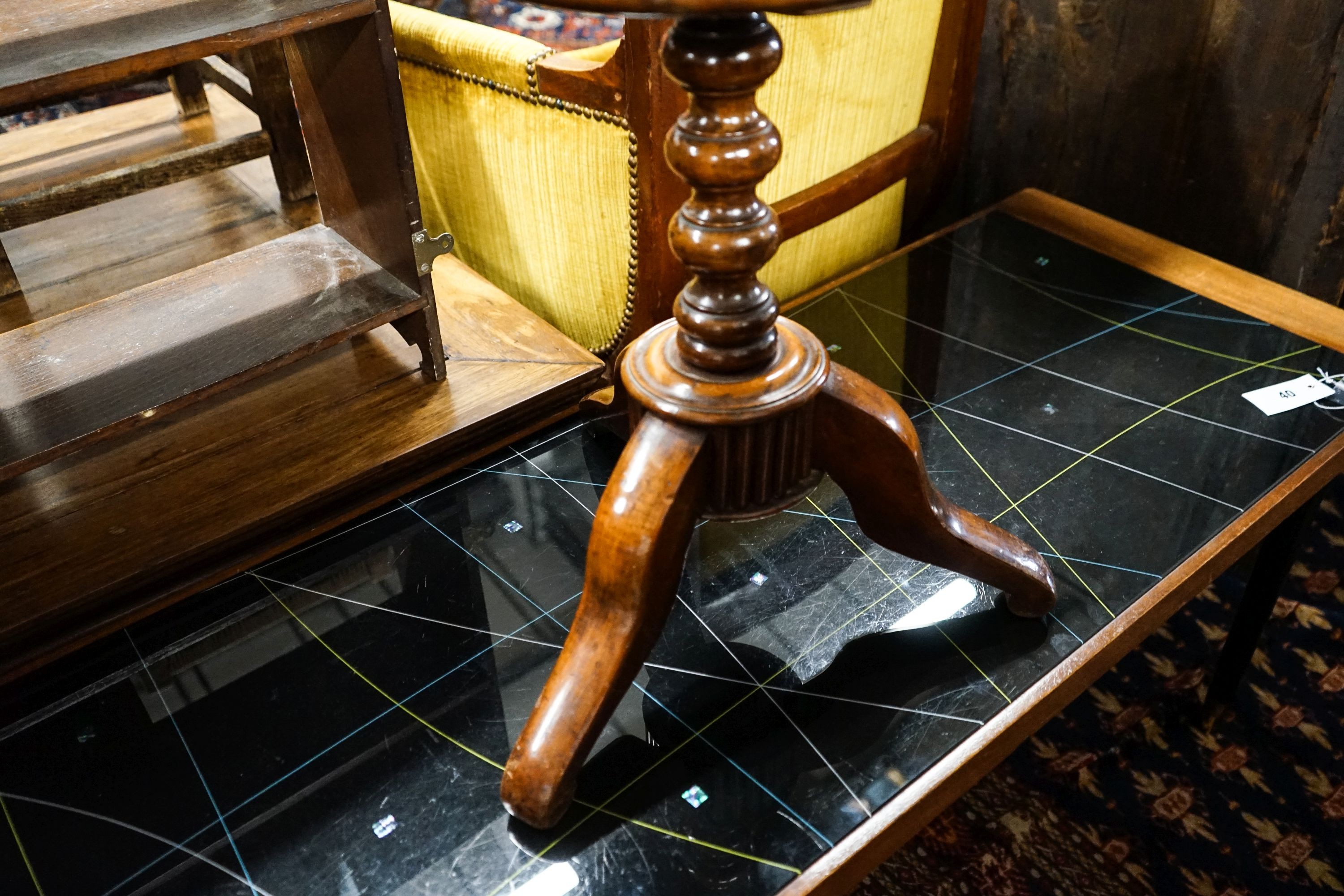 A French two tier mahogany Gueridon tripod table, diameter 48cm, height 72cm